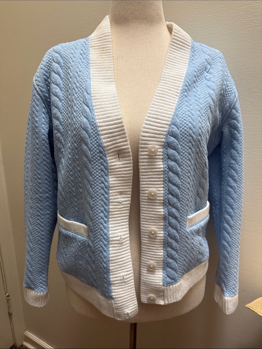 Tuckernuck Sky Blue Cable-Knit Cardigan with White Trim